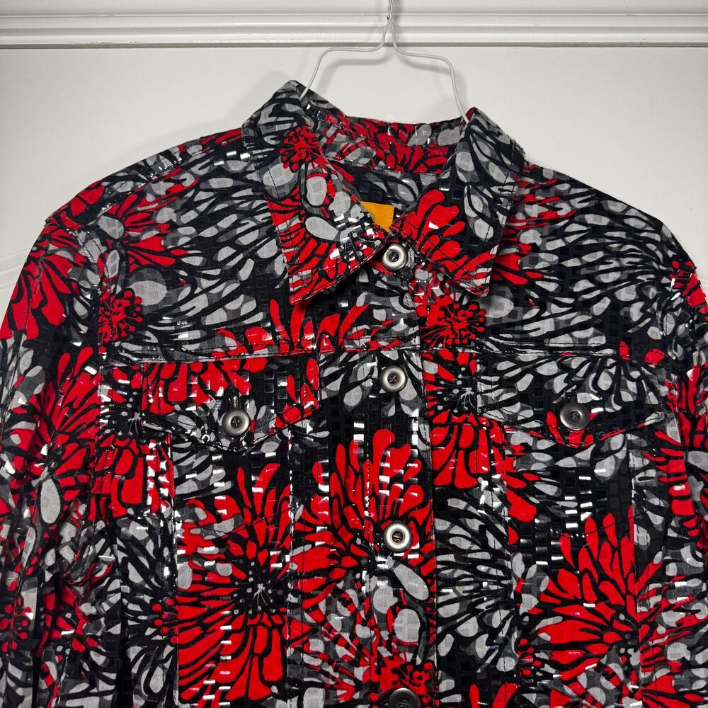 Ruby Rd. Womens Red Black Floral Shacket Jacket Shiny Sequin Embellished Size 8